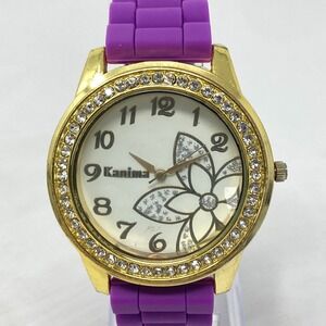 Kanima Womens Watch Floral 43mm Gold Tone Crystals Bling Purple New Battery 9"